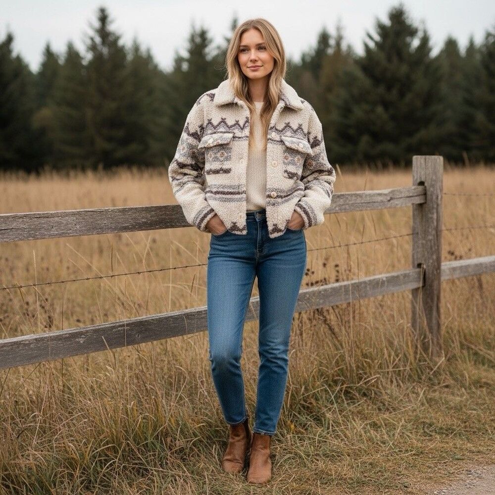FRYE Fair Isle Boucle Jacket M Cream Brown Textured Cropped Western Boho Chic